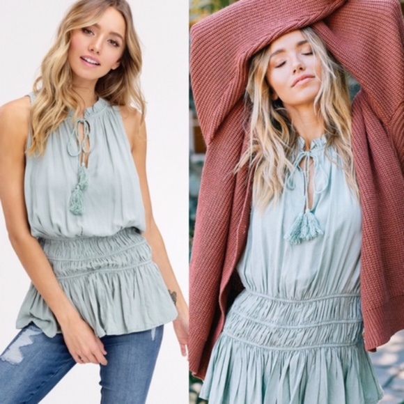 BellanBlue Tops - Solid Frill tie Neck Tassel sleeveless top